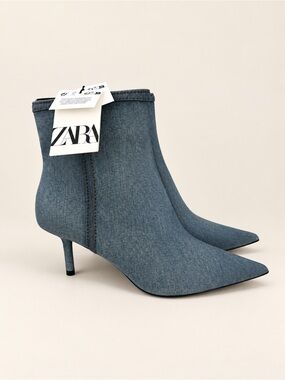 Zara Blue Denim Pointed Toe Heeled Ankle Boots NWT